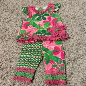 Mud pie baby pink green ruffle floral outfit girls 9-12m EUC